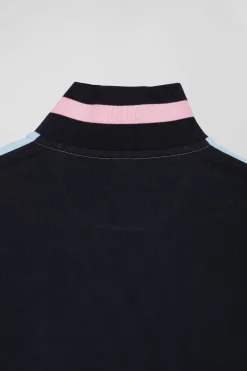Regular sky blue long-sleeved cotton piqué polo shirt with padded embroidery