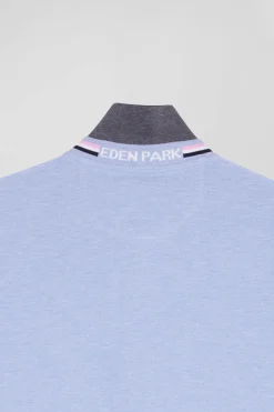 Regular sky blue long-sleeved cotton piqué polo shirt with rubber badge
