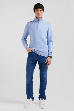 Regular sky blue semi-zipped wool and cotton jumper