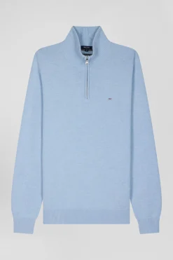 Regular sky blue semi-zipped wool and cotton jumper
