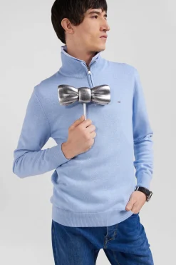 Regular sky blue semi-zipped wool and cotton jumper