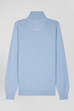 Regular sky blue semi-zipped wool and cotton jumper