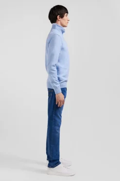 Regular sky blue semi-zipped wool and cotton jumper