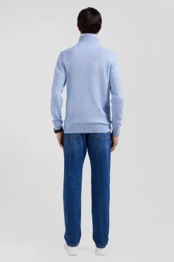 Regular sky blue semi-zipped wool and cotton jumper