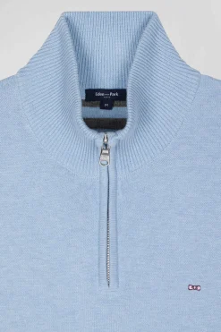 Regular sky blue semi-zipped wool and cotton jumper