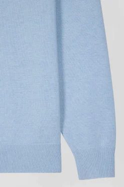 Regular sky blue semi-zipped wool and cotton jumper