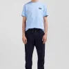 Regular sky blue short-sleeved cotton T-shirt with tie patchwork emblem