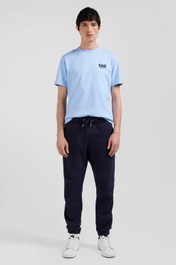 Regular sky blue short-sleeved cotton T-shirt with tie patchwork emblem