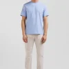 Regular sky blue short-sleeved cotton T-shirt with back patch