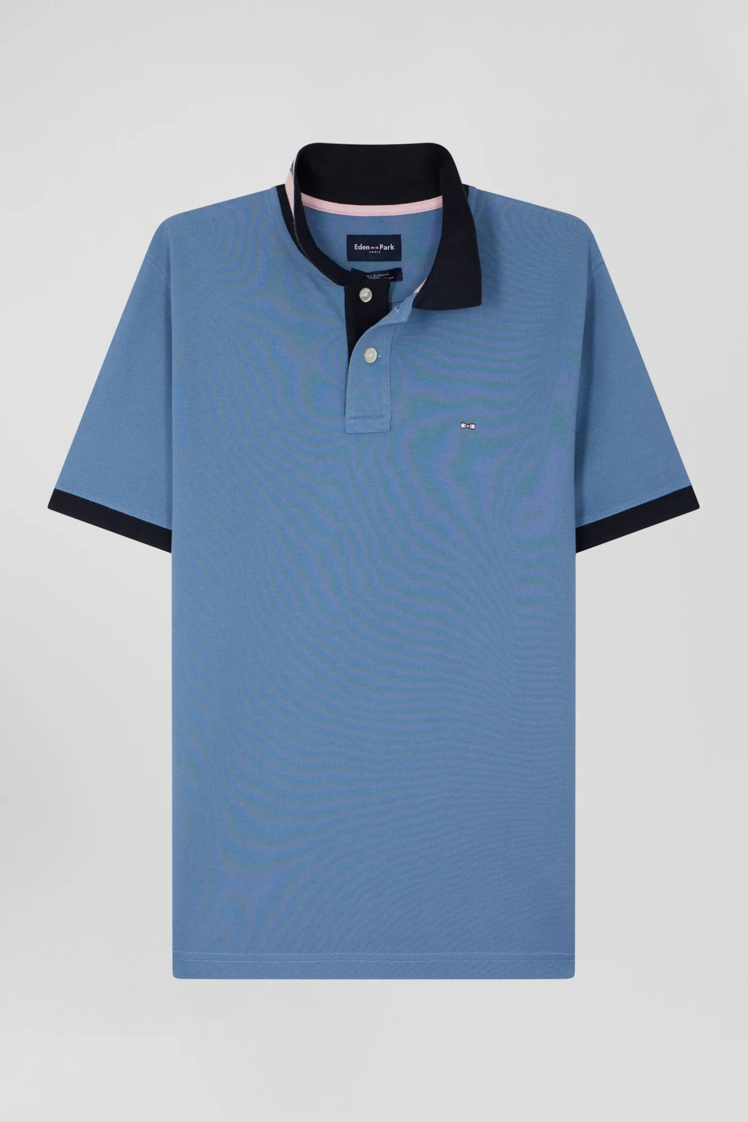 Regular sky blue short-sleeved cotton piqué polo shirt with contrasting details