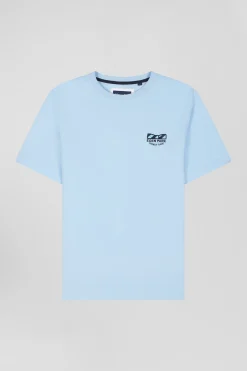 Regular sky blue short-sleeved cotton T-shirt with tie patchwork emblem