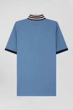 Regular sky blue short-sleeved cotton piqué polo shirt with contrasting details