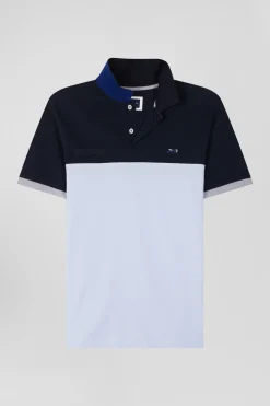 Regular sky blue short-sleeved cotton piqué polo shirt with bow tie embroidery and contrasting details