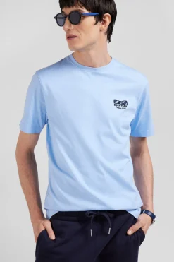 Regular sky blue short-sleeved cotton T-shirt with tie patchwork emblem