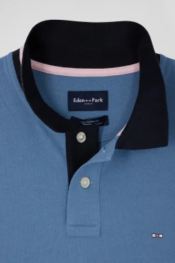 Regular sky blue short-sleeved cotton piqué polo shirt with contrasting details