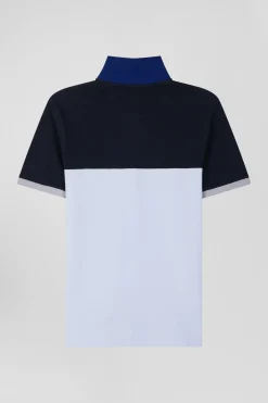 Regular sky blue short-sleeved cotton piqué polo shirt with bow tie embroidery and contrasting details