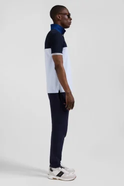 Regular sky blue short-sleeved cotton piqué polo shirt with bow tie embroidery and contrasting details