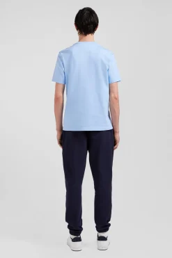 Regular sky blue short-sleeved cotton T-shirt with tie patchwork emblem