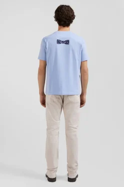 Regular sky blue short-sleeved cotton T-shirt with back patch