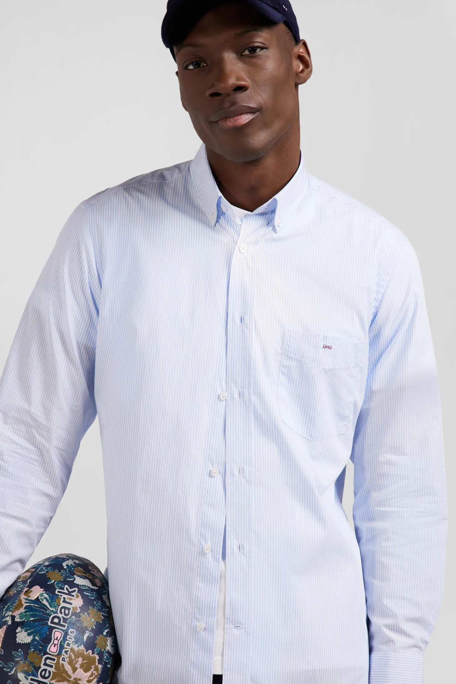 Regular sky blue striped cotton jacquard shirt