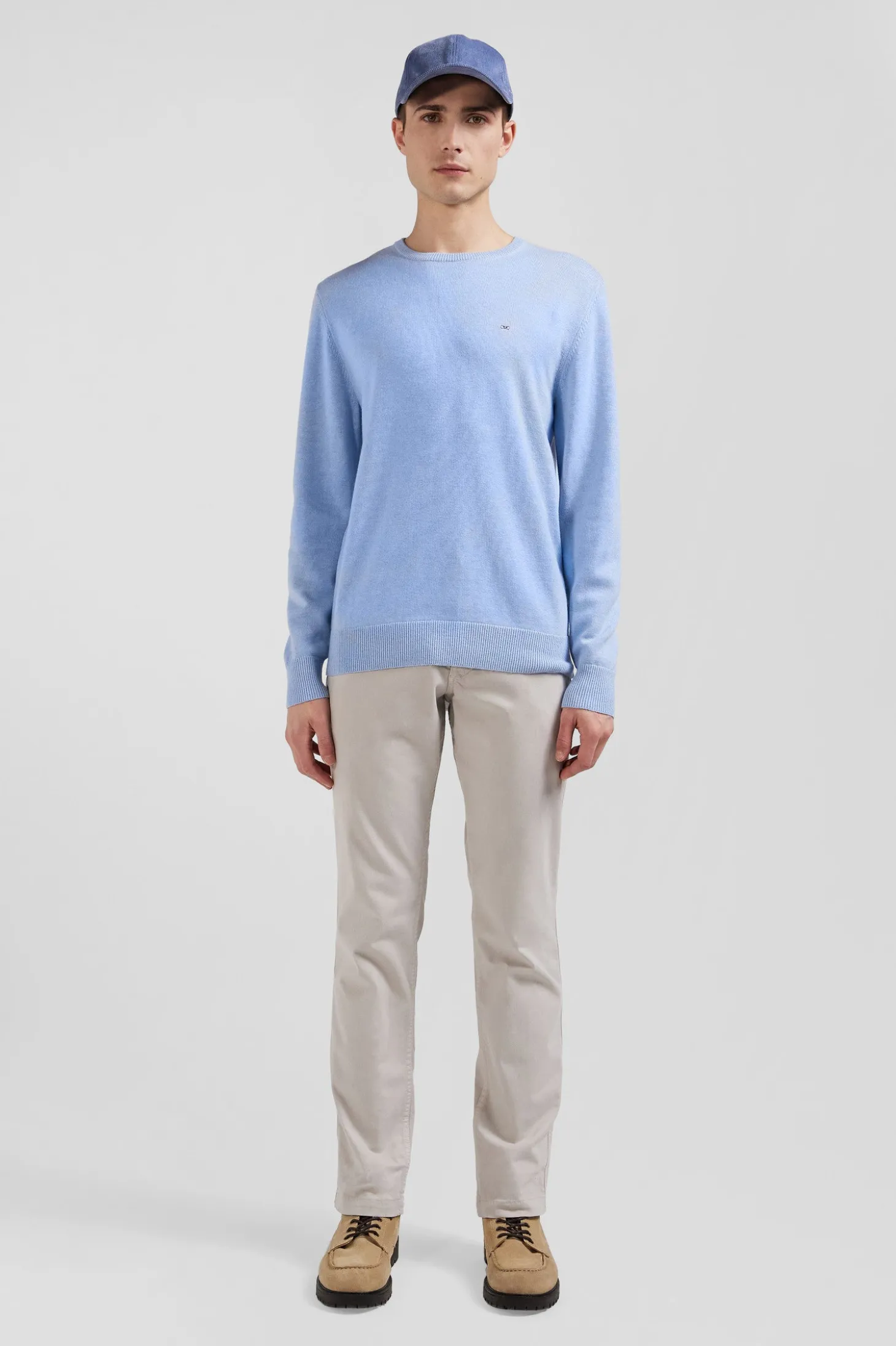 Regular sky blue wool and cotton crew neck jumper