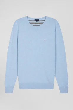 Regular sky blue wool and cotton crew neck jumper