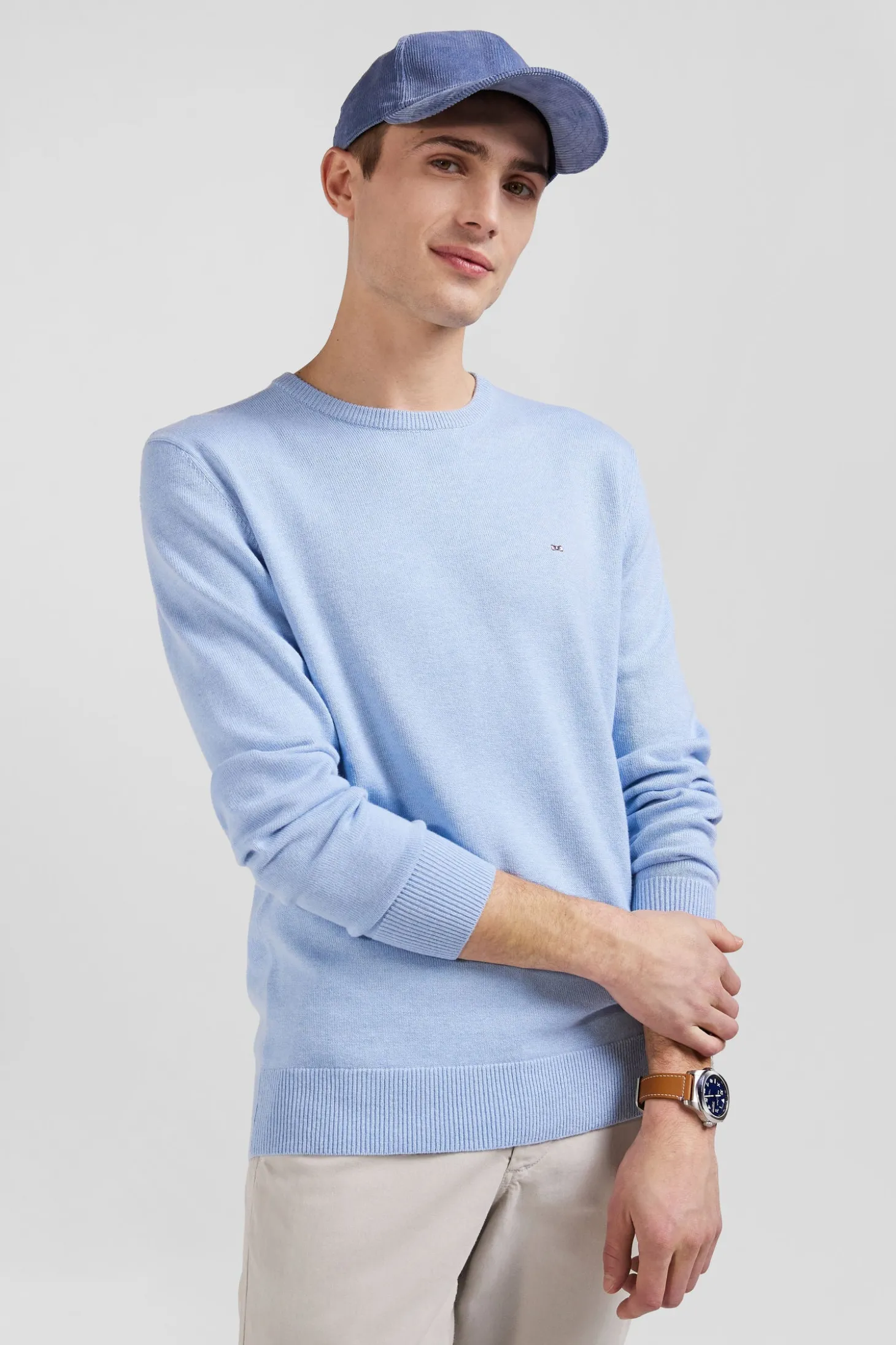 Regular sky blue wool and cotton crew neck jumper