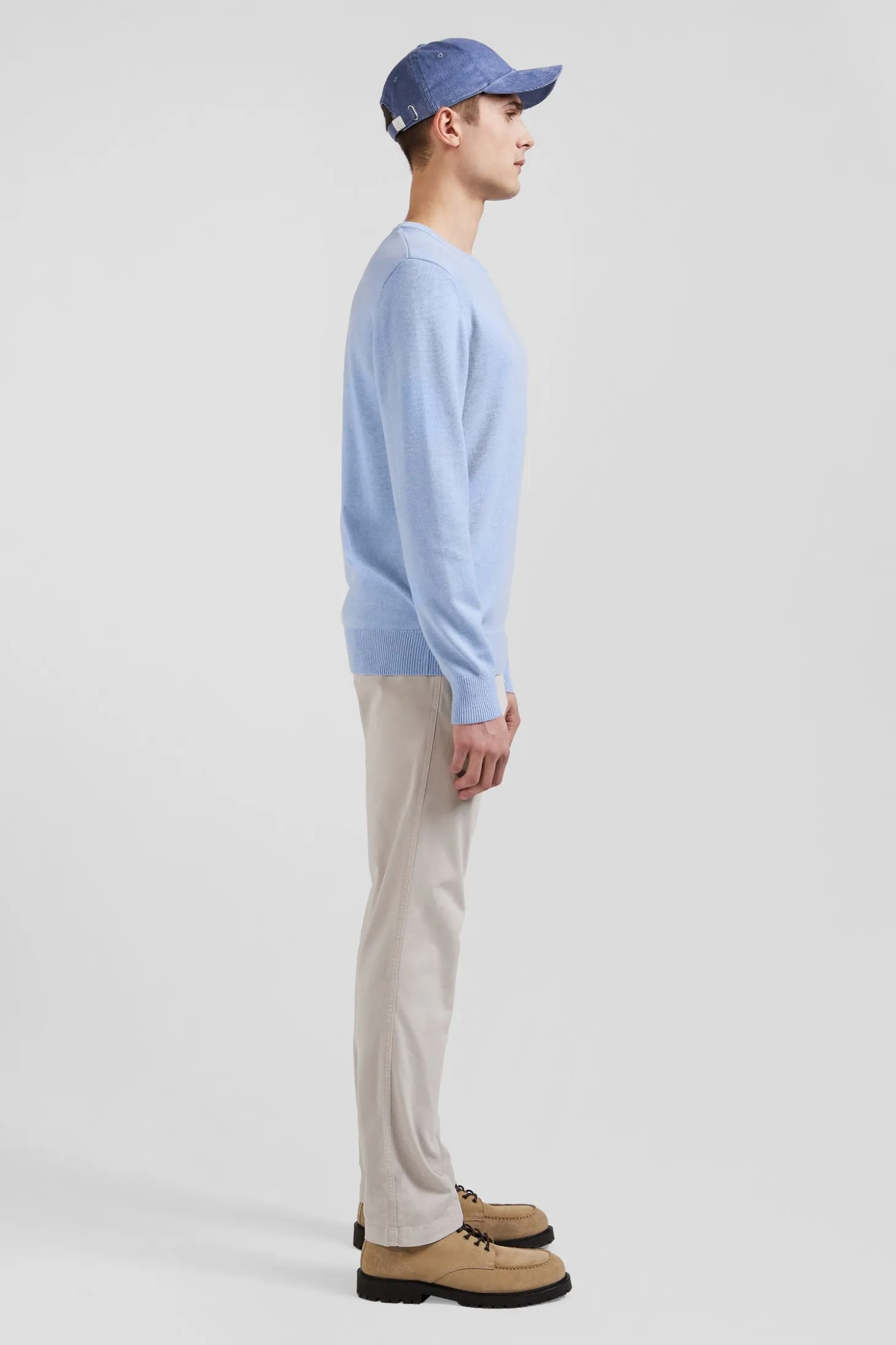 Regular sky blue wool and cotton crew neck jumper