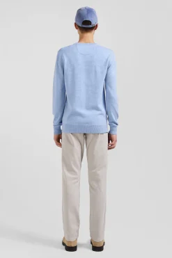 Regular sky blue wool and cotton crew neck jumper