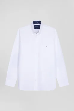 Regular white cotton poplin shirt with button-down collar and printed elbow patches