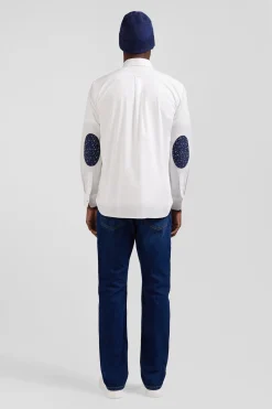 Regular white cotton poplin shirt with button-down collar and printed elbow patches