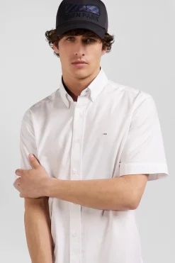 Regular white cotton short-sleeved shirt with back 10 embroidery