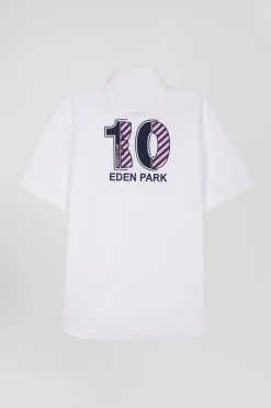 Regular white cotton short-sleeved shirt with back 10 embroidery
