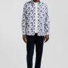 Regular white cotton twill shirt with blue floral print