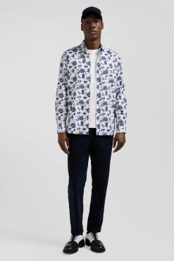 Regular white cotton twill shirt with blue floral print