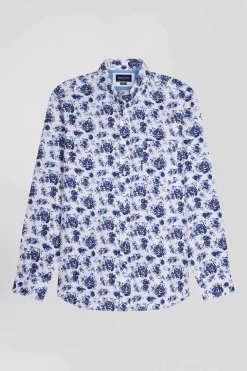 Regular white cotton twill shirt with blue floral print