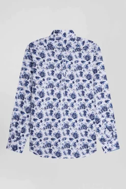 Regular white cotton twill shirt with blue floral print