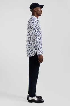 Regular white cotton twill shirt with blue floral print