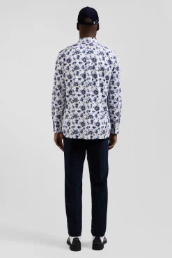 Regular white cotton twill shirt with blue floral print