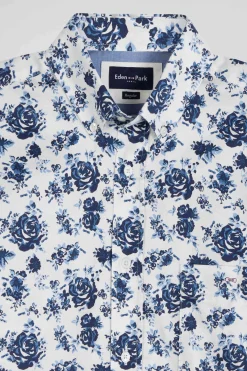 Regular white cotton twill shirt with blue floral print
