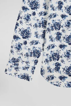 Regular white cotton twill shirt with blue floral print