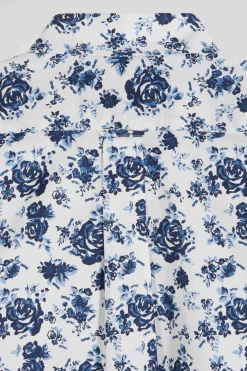 Regular white cotton twill shirt with blue floral print