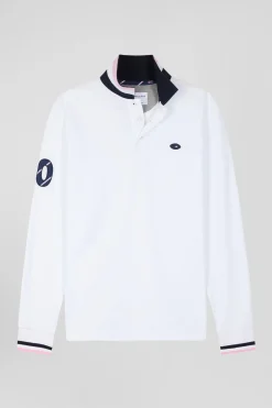 Regular white long-sleeved cotton piqué polo shirt with XV de France embroidery