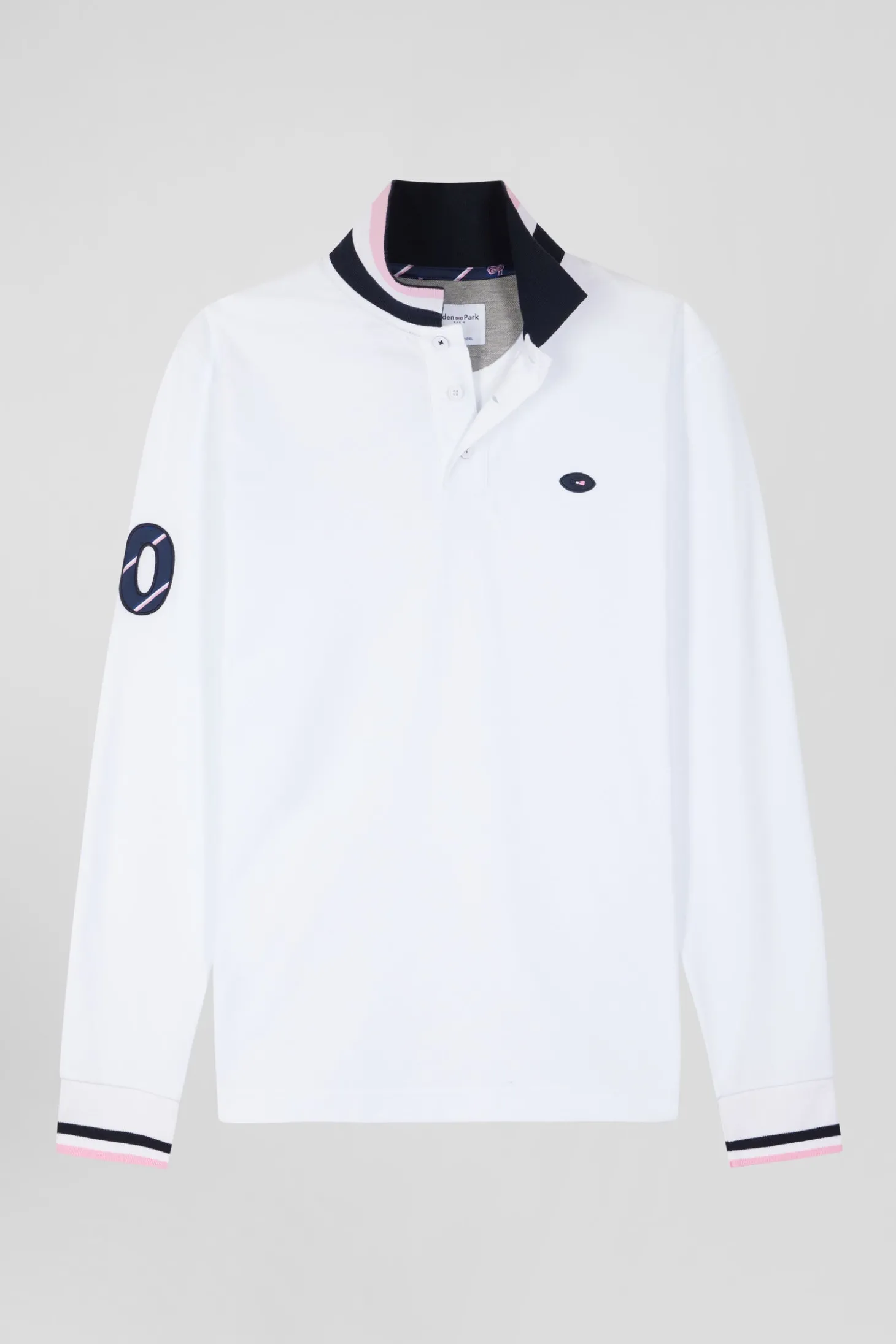Regular white long-sleeved cotton piqué polo shirt with XV de France embroidery
