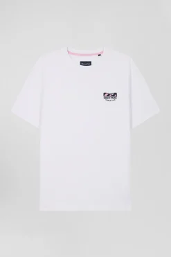 Regular white short-sleeved cotton T-shirt with tie patchwork emblem