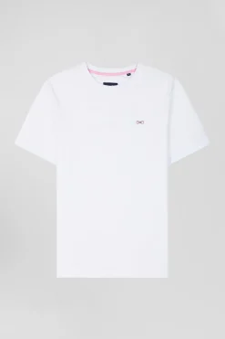 Regular white short-sleeved cotton T-shirt with back emblem embroidery
