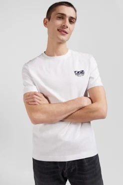 Regular white short-sleeved cotton T-shirt with tie patchwork emblem