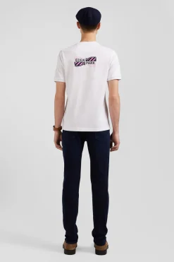 Regular white short-sleeved cotton T-shirt with back emblem embroidery