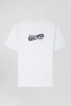 Regular white short-sleeved cotton T-shirt with back emblem embroidery