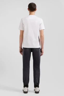 Regular white short-sleeved cotton T-shirt with tie patchwork emblem